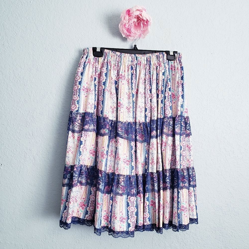 Pitchfork Brand Cottage Core Floral Praire Square Dance Lace Trim Skirt
